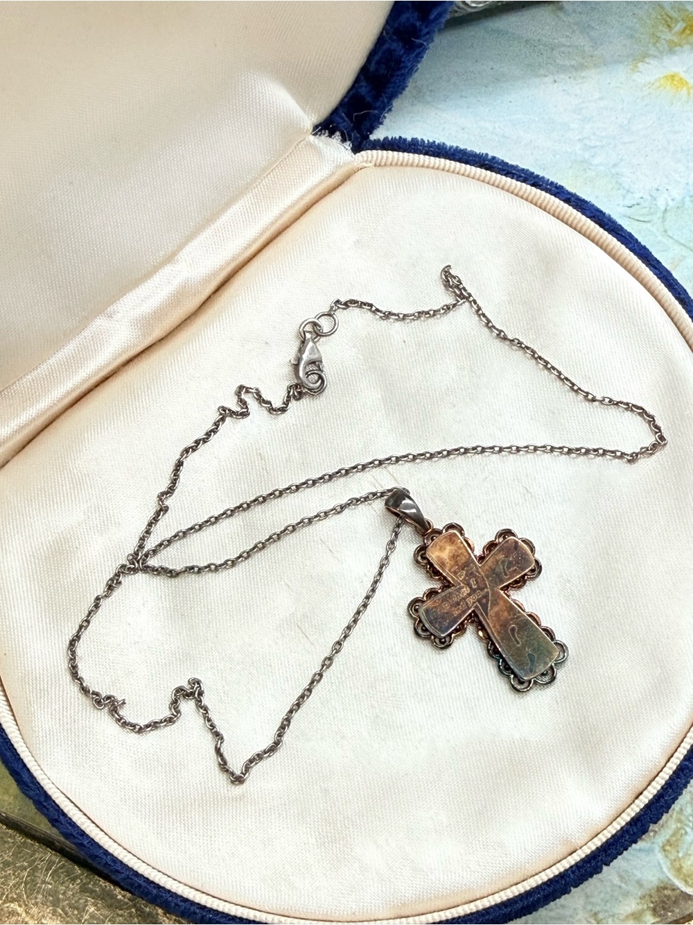 Vintage old sterling silver footprint cross  necklace